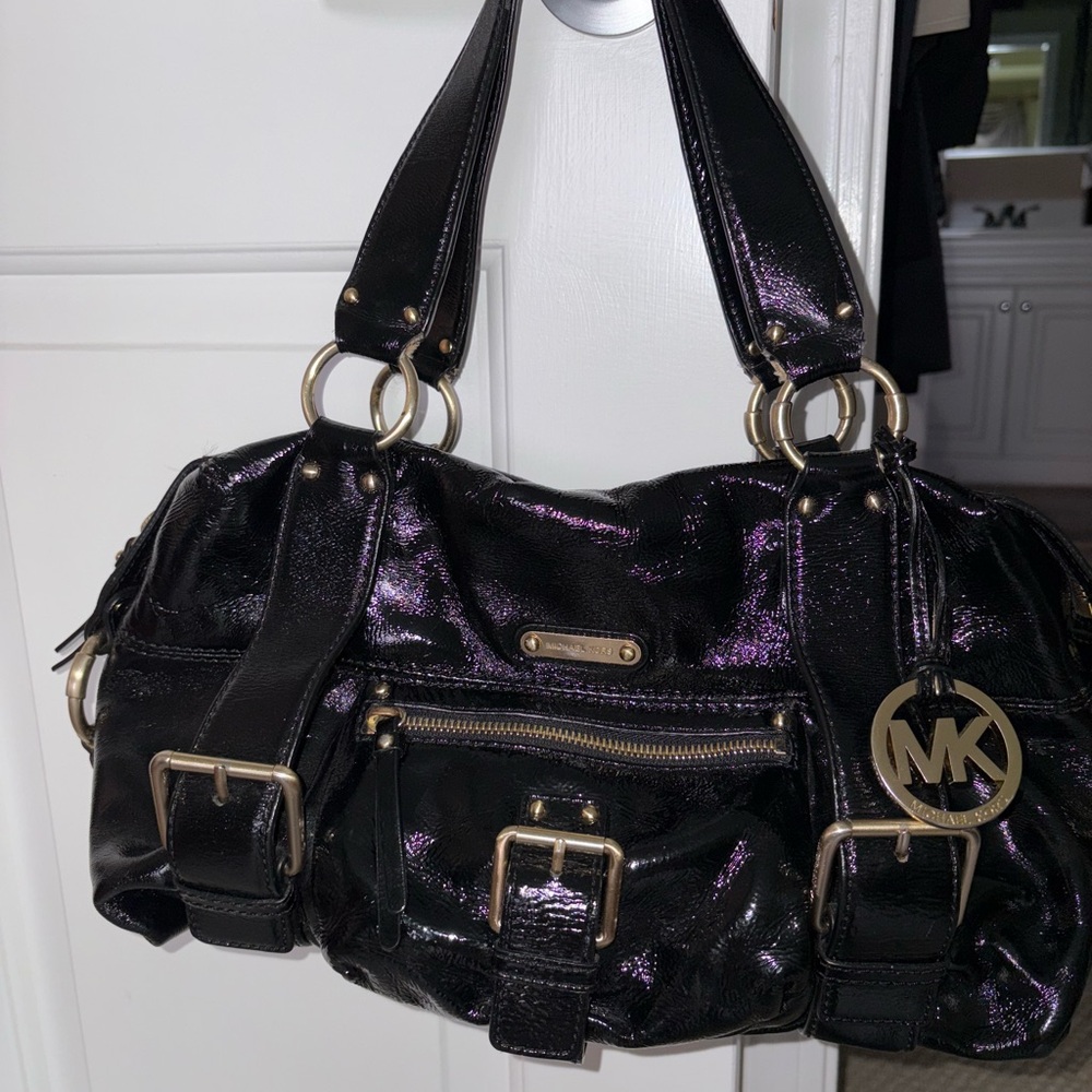 Michael Kors Black Patent Leather Shoulder Bag with Gold Hardware